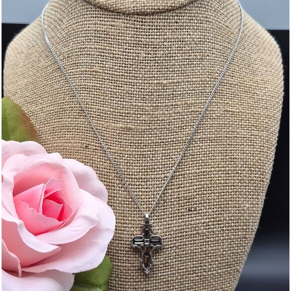 Annaleece Silver Tone Reversible Cross Pendant Necklace Crystal 18" Religious - Picture 4 of 11